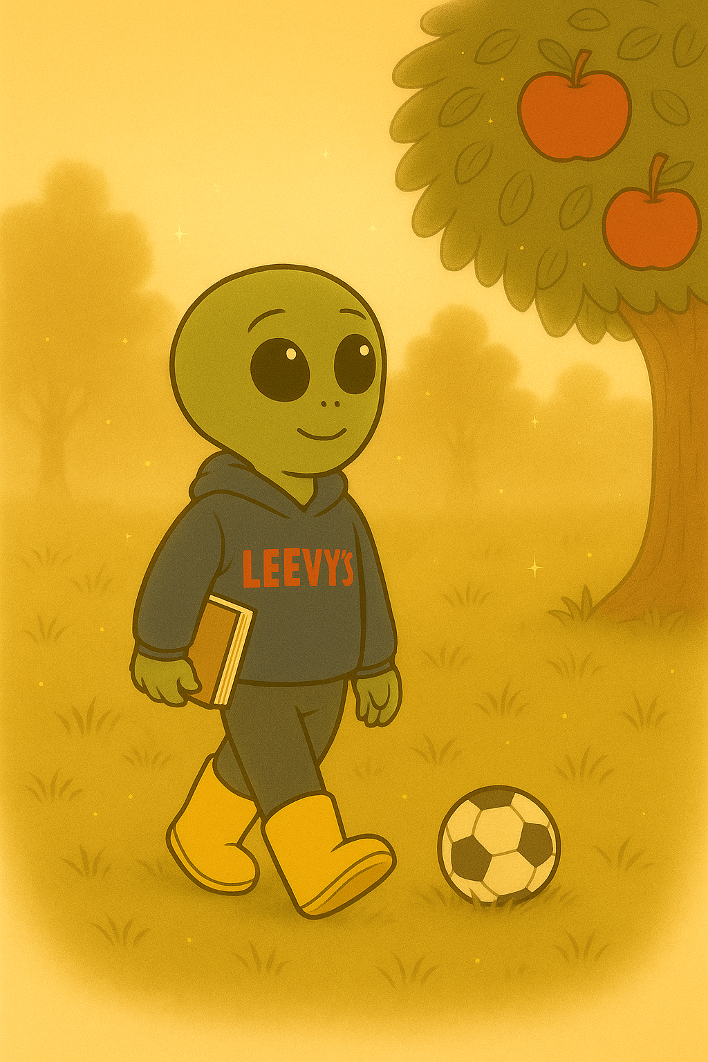 Früher Paul mit Buch, Fußball und Apfelbaum